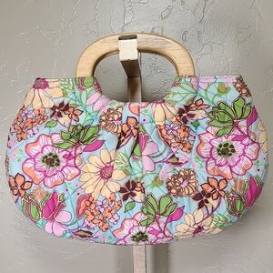 Vera Bradley Multicolor Floral 100% Silk Purse Bag Wooden Handles